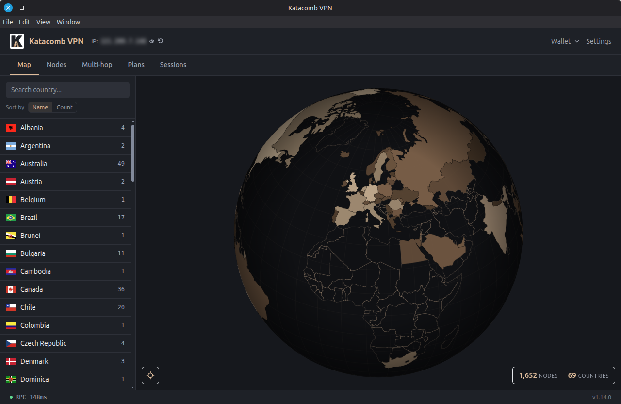 Katacomb VPN map view: a 3D globe beside a country list with node counts