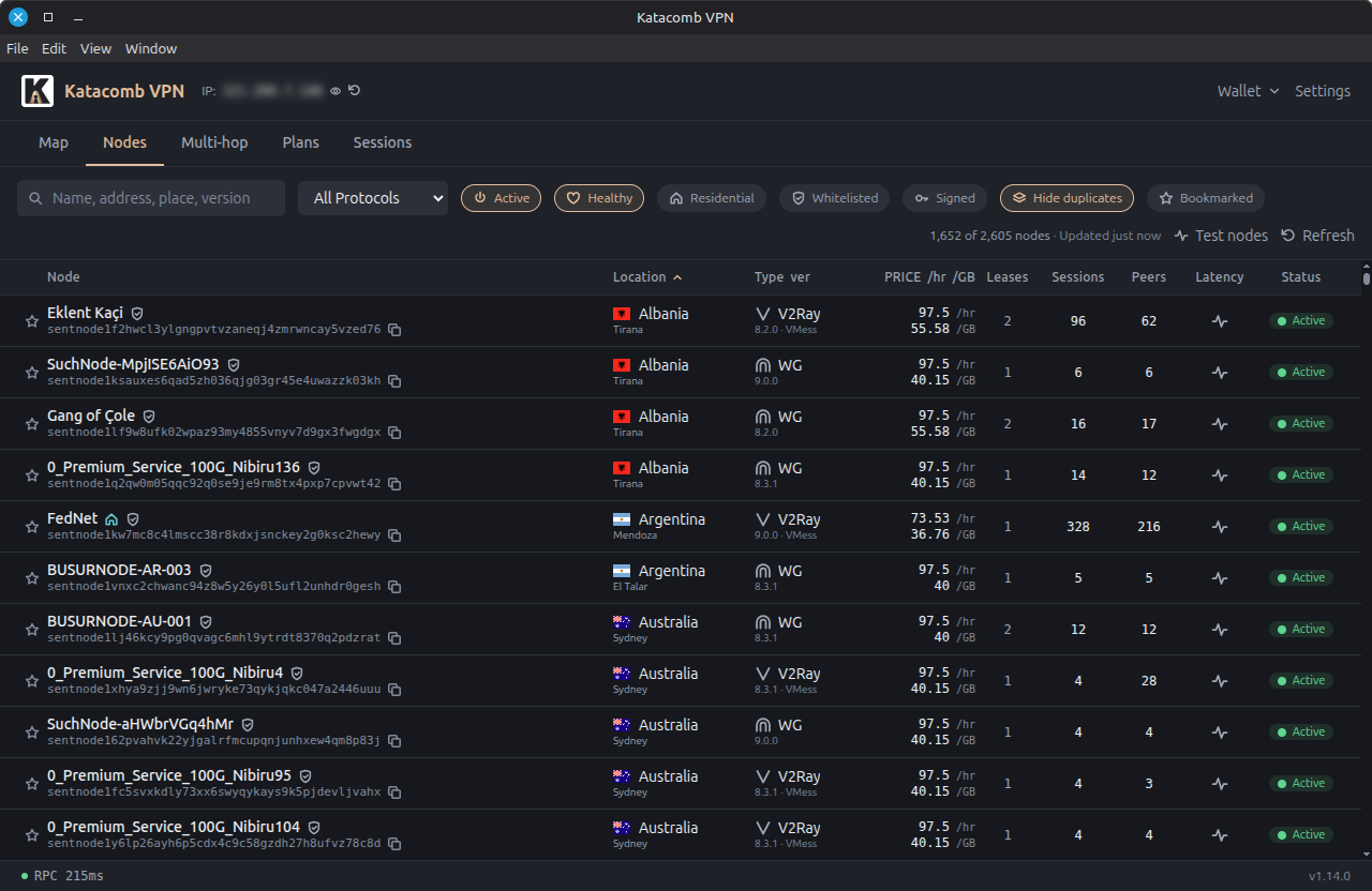 Katacomb VPN node table listing country, city, moniker, protocol and price