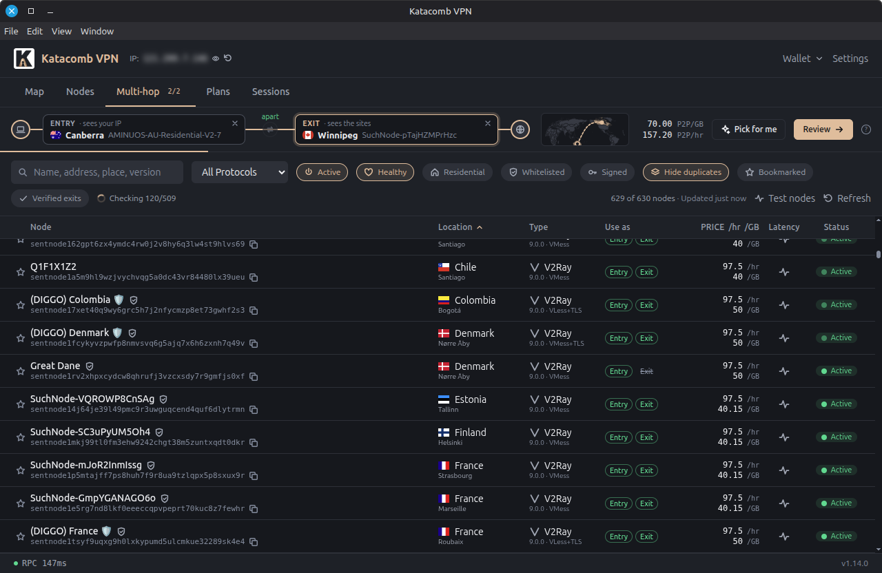 Katacomb VPN multi-hop view showing entry and exit node selection